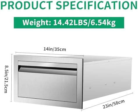 Outdoor Kitchen Drawers 14" W x 8.5" H x 23" D Stainless Steel Single Drawers with Hidden Handle for BBQ Island, Patio Grill Station & Outdoor Kitchen Cabinets - Image 2