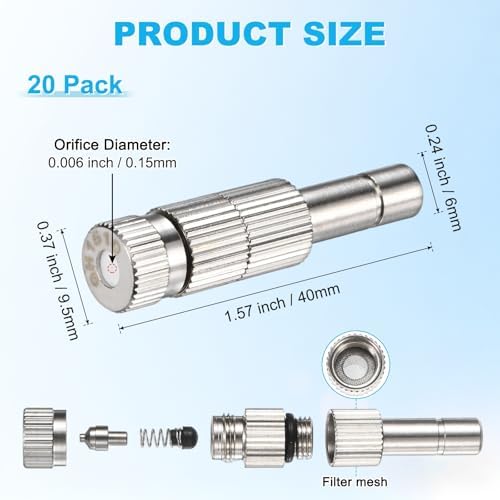 M METERXITY 20-Pack Brass Misting Nozzles, 0.006"/0.15mm Orifice Mister Replacement Heads with Filter Mesh for Cooling System/Landscaping/Humidification, 6mm Low-Pressure Fog Sprayer Nozzle - Image 3