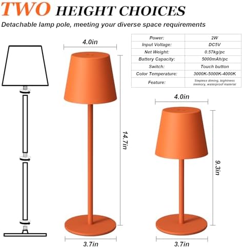Kakanuo Cordless Table Lamp Rechargeable Orange - KK 2 Pack 5000mAH Battery Operated Lamp for Counter, 3 Color Stepless Dimming Wireless Lamp for Dining Kitchen, Outdoor Patio, Touch Control - Image 5