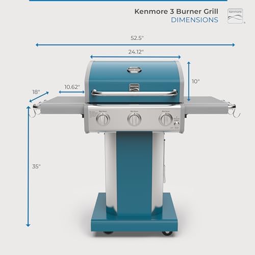 Kenmore 3-Burner Propane BBQ Grill, 30,000 BTUs Gas Grill with Cast Iron Cooking Grates, Folding Side Tables & Wheels, Outdoor Grill with Tool Hooks, Teal - Image 3