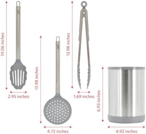 Glad Kitchen Utensils Set, 8pcs - Nonstick Cooking Tools with Stainless Steel Handles & Rotating Utensil Holder - Turners, Ladle, Spoon, Tongs, Spaghetti Server, and Skimmer - Dishwasher Safe, Grey - Image 5