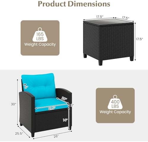 Tangkula 3 Piece Patio Furniture, Rattan Conversation Set w/Soft Seat & Back Cushions, Tempered Glass Topped Coffee Table, Cushioned Wicker Seating Set for Backyard, Porch, Poolside - Image 6