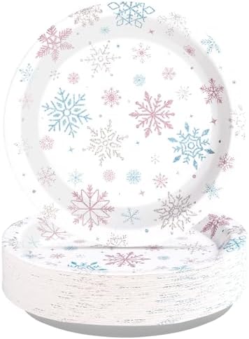 50Pcs Frozen Snowflake Party Decorations 9 Inch Disposable Winter Snowflake Wonderland Paper Plates Pink Blue Snow Wonderland Dessert Plates for Girls Xmas Baby Shower Holiday Birthday Party Supplies by Greencian