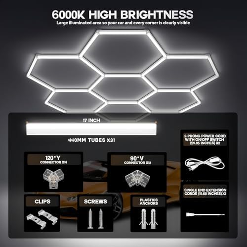 7-Hexagon LED Garage Lights, 488W 48,800LM Super Bright Honeycomb Shop Light, 31-Lights DIY Ceiling Grid Lighting Fixture for Car Detailing, Workshop, Gym, Warehouse, Basemen - Image 5