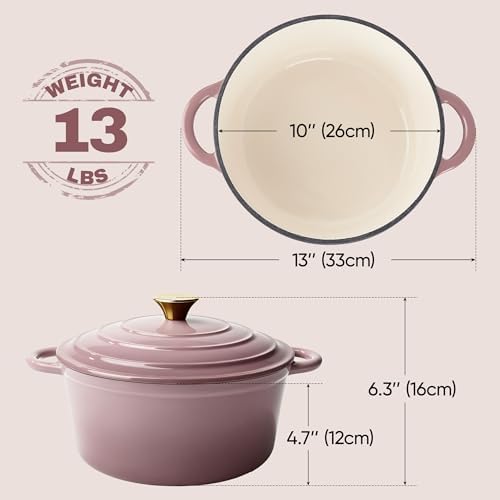 Vintage Style 6 Quart Dutch Oven Pot with Lid, Non Stick Enameled Cast Iron Dutch Oven for Bread Baking, Heavy-Duty, Oven Safe Ceramic Cookware Up to 500°F for Baking, Braising, Stews, Roasting, Pink - Image 4