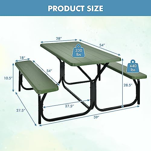 ORALNER Picnic Table, Resin Dining Table & 2 Benches Set, Weather Resistant Wood Grain Plastic Tabletop & Steel Frame, Picnic Tables for Outdoors, Porch Yard Patio Lawn Party Camping (Green) - Image 5
