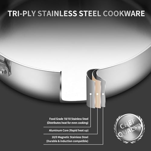 Yeksum Tri-Ply Stainless Steel Paella Pan Large Saute Pan with Lid (Stainless Steel, 13.5 INCH) - Image 2