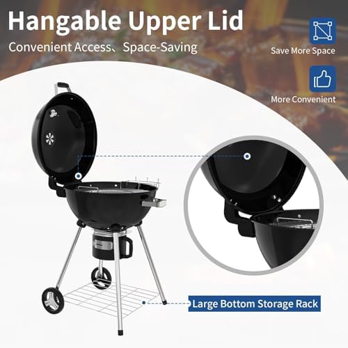 22.5-Inch Portable Charcoal Grill, Heavy Duty Kettle BBQ Smoker with Built-in Thermometer & Removable Water-Rinsable Ash Catcher for Outdoor Camping, Patio, Backyard, and Tailgating - Image 7