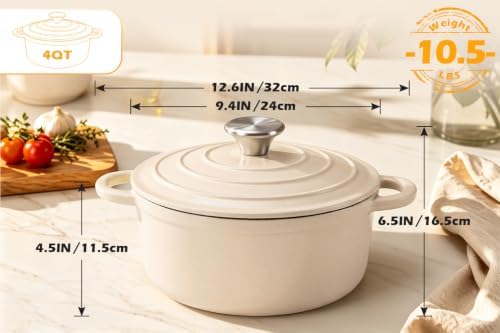 Leonyo 4-Quart Enameled Cast Iron Dutch Oven Pot with Lid, Light Sandalwood - Image 2