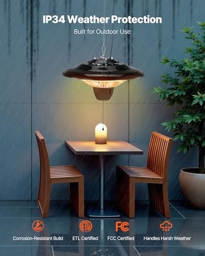VEVOR Hanging Patio Heater, 1500W Electric Space Infrared Heater, IP34 Protection with 23.6 inch Pull Cord & Adjustable Chain, for Porch,Patio,Dining Room,Studio Outdoor/Indoor - Image 4