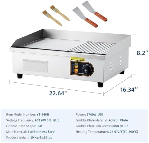 Garvee Commercial Half-Flat Top Griddle, 22in Stainless Steel Griddle Grill with 2 Shovels and 2 Brushes for Home or Restaurant, 1700W Commercial Griddle - Image 7