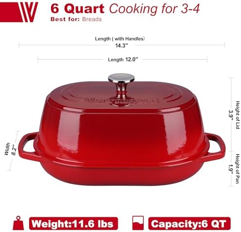 VORRINGARD Enameled Cast Iron Dutch Oven Pot with Dome Lid, Oval Bread Oven for Homemade Sourdough Bread Baking, Oven Safe up to 500°F, 6 Quart, Red - Image 2