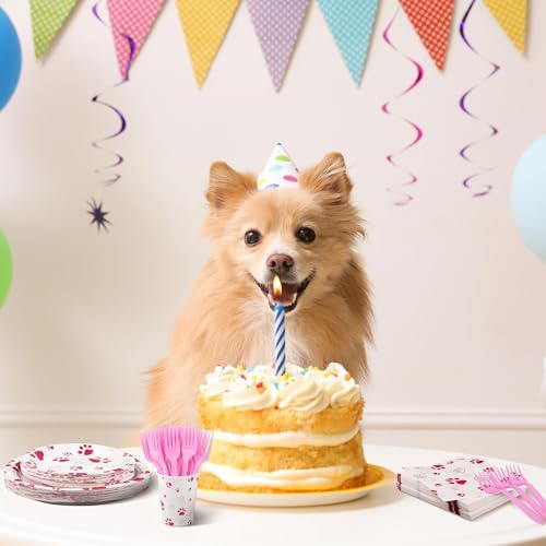 Kochorie 144 Pieces Pink Paw Print Party Tableware Sets Including Disposable Plates Napkins Cups Forks Serves 24 for Dog Puppy Theme Party Supplies - Image 5