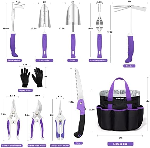 Purple Garden Tool Set Gardening Items for Women - 11PCS Heavy Duty Garden Tools with Detachable Storage Bag, Weeder, Dual-Purpose Hoe - Image 2