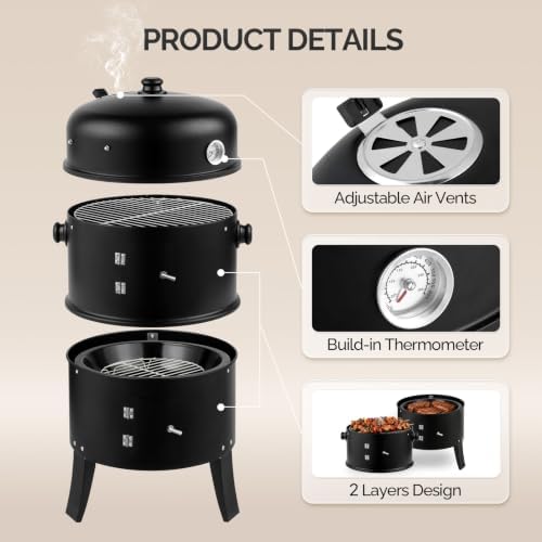 VINGLI 18 Inch Multi-Layer Charcoal BBQ Smoker Grill, Heavy Duty Round Grill, Vertical Smoker with Thermometer, for Outdoor Cooking, Patio, Parties, Backyard - Image 7
