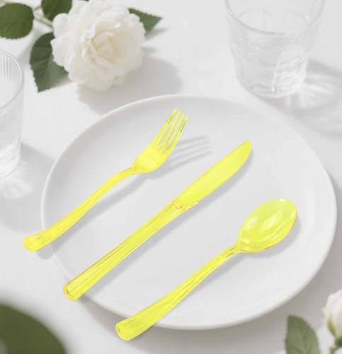 HEIPINIUYE 75 Pack Yellow Clear Plastic Cutlery Heavy Duty Clear Yellow Plastic Knives Forks and Spoons Disposable Silverware Set for 25 Guest Camping Birthday Baby Shower Party Utensil Set - Image 7