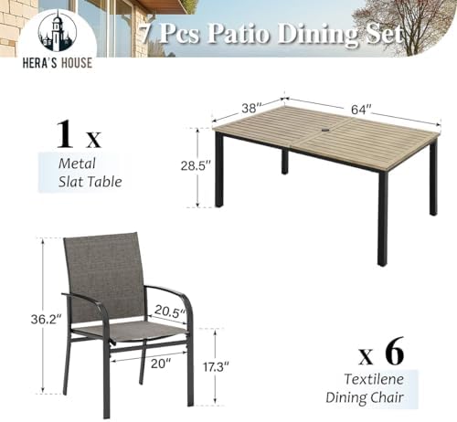 HERA'S HOUSE 7pc Outdoor Patio Dining Set, Wood-Look Metal Table, Brown - Image 6