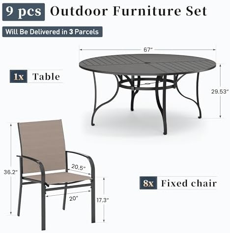 SUNSHINE VALLEY 9pc Patio Dining Set, 67" Round Table & 8 Brown Chairs - Image 4