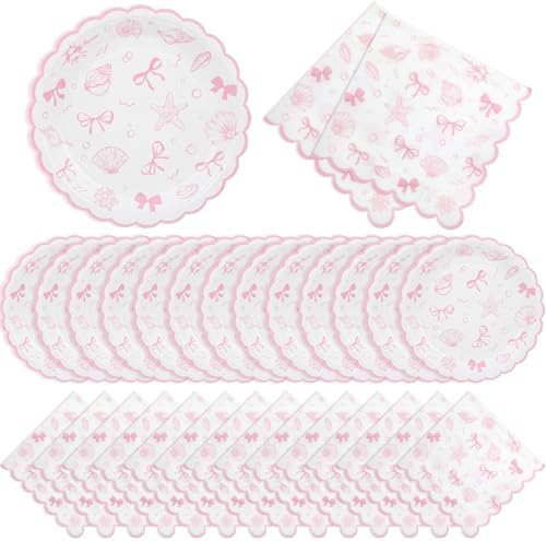 Roshtia 120 Pcs Pink Seashell Paper Plates and Napkins Set, Serves 60 by Roshtia