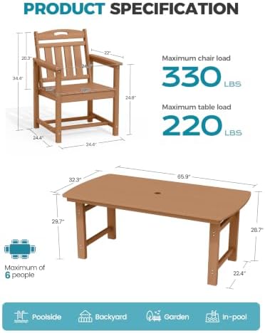 Ciokea HDPE Outdoor Dining Set of 4, Patio Table and Chairs Sets, Teak - Image 2