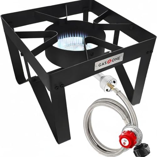 GasOne B-5200K Outdoor Cooker with High Pressure Steel Braided Hose Propane Burner Camp Stove by GASONE