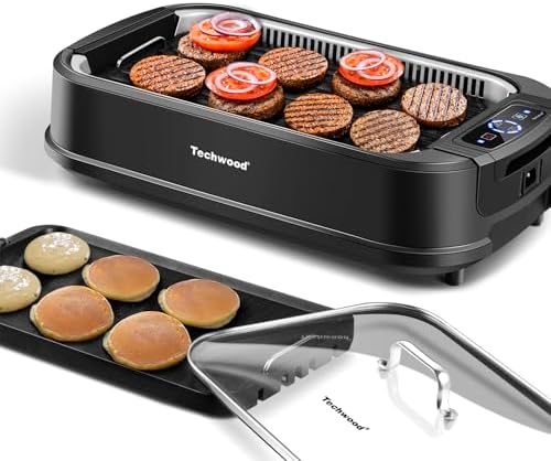Indoor Smokeless Grill, Techwood 1500W Electric Indoor Grill with Tempered Glass Lid, Portable Non-stick BBQ Korean, Turbo Smoke Extractor Technology, Drip Tray& Double Removable Plate, Black by Techwood
