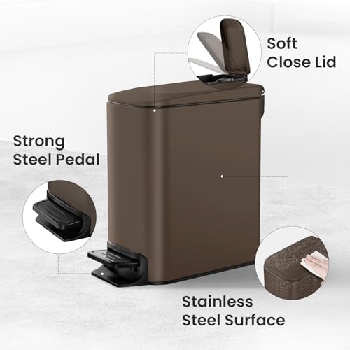 Cesun Small Bathroom Trash Can with Lid, 1.6 Gal, Soft Close, Brown - Image 4