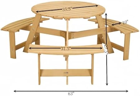 6 Person Wooden Picnic Table, Outdoor Round Picnic Table with 4 Built-in Benches, Umbrella Hole, Outside Table and Bench Set for Patio, Backyard, 500lbs Capacity Per Bench (Nature - 6 person) - Image 5