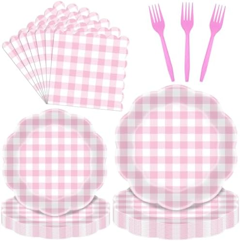 96 Pieces Pink Gingham Party Tableware Set – Scalloped Edge Checkered Paper Plates, Napkins and Pink Forks Disposable Dinnerware for Baby Shower, Picnic, Birthday, Tea Party and Summer Party Supplies by Herytem
