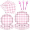 96 Pieces Pink Gingham Party Tableware Set – Scalloped Edge Checkered Paper Plates, Napkins and Pink Forks Disposable Dinnerware for Baby Shower, Picnic, Birthday, Tea Party and Summer Party Supplies by Herytem