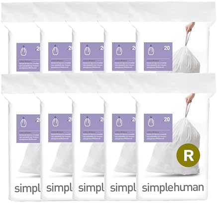 simplehuman Code R 200 Count Custom Fit Liners, Drawstring Kitchen Trash Bags, One-by-One Mess-Free Dispense, Extra Thick & Double Seamed, 50% PCR Plastic, 9-10 Liter / 2.6 Gallon, White by Unknown