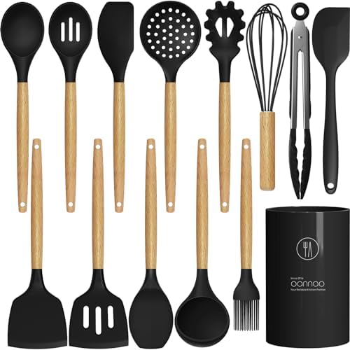 oannao Silicone Cooking Utensils Set Utensil Sets - 446°F Heat Resistant Silicone Kitchen Utensils Set Wooden Handles, Silicone Utensils for Cooking w Holder for Non-Stick Cookware BPA FREE (Black) by oannao