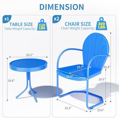 Outdoor 3-Piece Metal Bistro Set, Patio Conversation Set of 2,Blue - Image 2