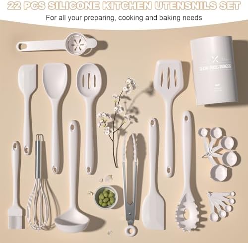 Kitchen Utensils Set, Umite Chef 22Pcs Silicone Cooking Utensils Set, Heat Resistant Silicone Kitchen Spatulas Set with Holder, White Cooking Gadgets Tools Set for Nonstick Cookware, Dishwasher Safe - Image 5