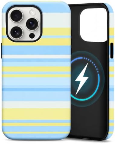 for iPhone 15 Pro Case, Magnetic Matte Frosted Dual-Layer Striped Phone Case for Women, Retro Aesthetic Cover Compatible with MagSafe Accessories - Sea Salt Lemon by YKCZL