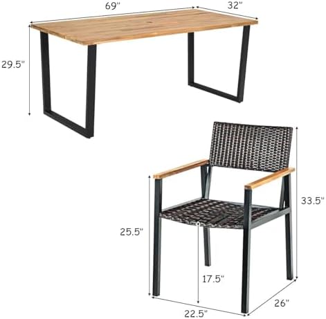 HAPPYGRILL 7 Pieces Wood Rattan Patio Dining Set, Outdoor Dining Furniture Set with Rectangle Table Wicker Chairs, Acacia Wood Tabletop with Umbrella Hole, Dining Set for Garden Backyard - Image 6