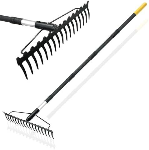Bow Rake, 68-Inch Adjustable Handle Garden Rake with 17 Steel Tines, Heavy Duty Dual-Sided Metal Rake Landscape Gardening Tool for Soil Loosening Lawn Yard Leaves Mulch Thatch Removing by BlumeTrec