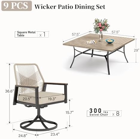 SUNSHINE VALLEY 9pc Patio Dining Set, 57.5" Square Table & 8 Swivel Chairs - Image 6