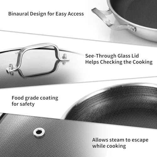 DELARLO 13 Inch Tri-Ply Stainless Steel Paella Pan with Lid Nonstick Frying Pan, Hybird Induction Large Skillets,Great for Paella Parties Indoors Outdoors,Heavy Duty Style - Image 4