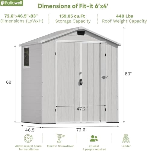 Patiowell 6X4 FT Resin Outdoor Storage Shed with Floor, Light Grey - Image 2