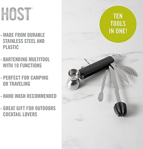HOST All in One Bartender Multitool Set, 10 in 1 Bar Tool with Strainer, Muddler, Reamer, Jigger, Stirrer, Zester, Corkscrew, Opener, Knife and Channel Knife for Camping, Travel and Outdoor Use - Image 2