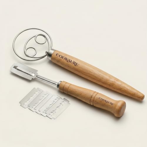 2Pcs Danish Dough Whisk & Bread Lame for Sourdough Bread – Wooden Handle Dough Whisk Mixer and Bread Scoring Tool, Artisan Sourdough Baking Tools & Bread Baking Supplies by COOKSURE