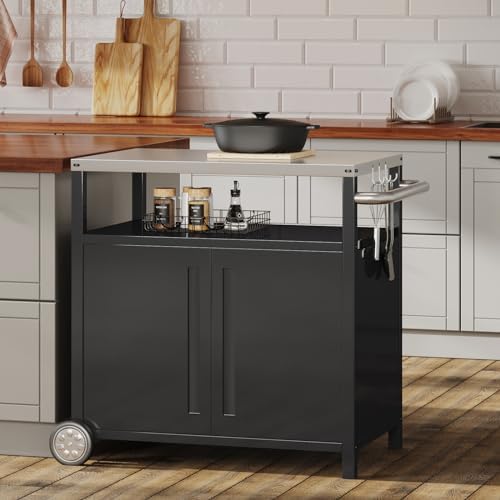 Outdoor Grill Cart with Storage Cabinet Stainless Steel Prep Stand with Storage Cabinet and Wheels Movable Whole Portable Table Outdoor Rolling Prep Station Kitchen Island Pizza Oven Table for Garden - Image 3