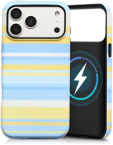 for iPhone 18 Pro Max Case, Magnetic Matte Frosted Dual-Layer Striped Phone Case for Women, Retro Aesthetic Cover Compatible with MagSafe Accessories - Sea Salt Lemon by YKCZL