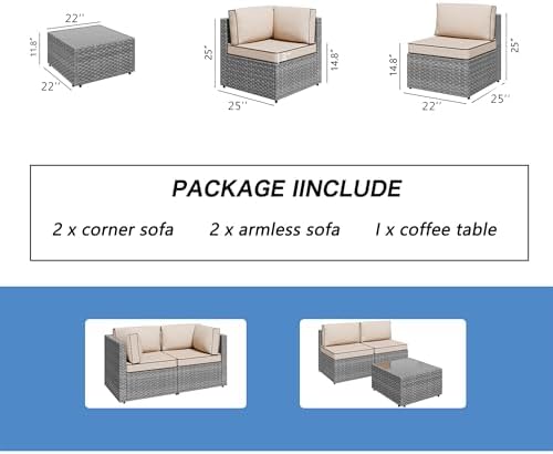 Shintenchi 5 Piece Outdoor Patio Furniture Set with Silver PE Rattan, Khaki - Image 7