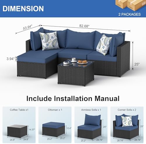 Patio Furniture Set, 5PCS Outdoor Sectional w/ Ottoman & Cushion, Navy Blue - Image 5
