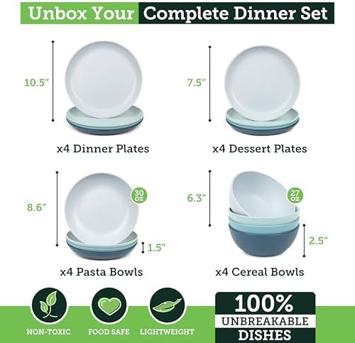 Grow Forward 16-piece Premium Wheat Straw Dinnerware Sets for 4 - Unbreakable Dishwasher & Microwave Safe Plastic Plates and Bowls Sets - Patio, Outdoors, RV, Camping Dishes - Seascape - Image 3