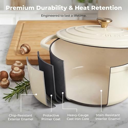 Zulay Kitchen 5 Quart Enameled Cast Iron Dutch Oven Pot with Lid – Premium Durability & Oven Safe up to 500°F – Heavy Duty Cookware Perfect for Bread Baking, Stews, Braising & Roasting – Ivory - Image 5