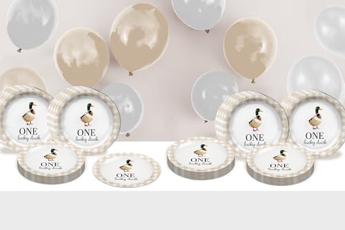 One Lucky Duck First Birthday - 32 Piece Disposable Party Supplies - Decorations for Beige Gingham 1st Birthday Round Party Plates - Large 9" Paper Plates In Bulk - Image 3
