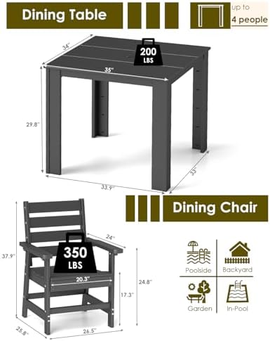 GREENVINES 5-piece Patio Dining Set, HDPE Square Table & 4 Chairs, Black - Image 2